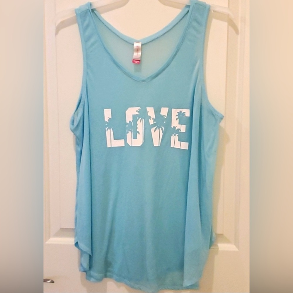 LOVE tank, thin fabric, sky blue, no flaws detected